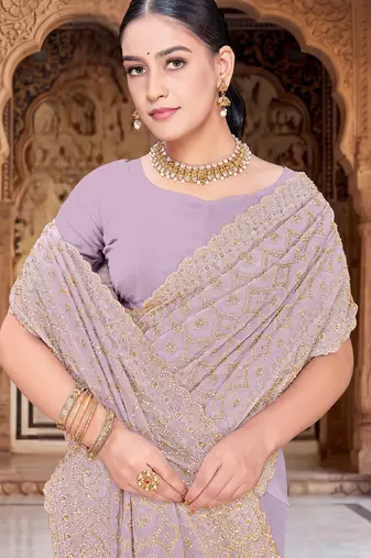 Lavender zari embroidered work georgette designer saree for women