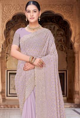 Lavender zari embroidered work georgette designer saree for women 3