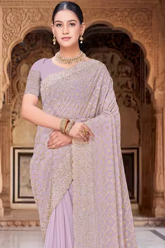 Lavender zari embroidered work georgette designer saree for women