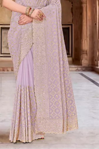 Lavender zari embroidered work georgette designer saree for women