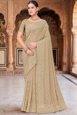 Beige zari embroidered work georgette designer saree for women 1