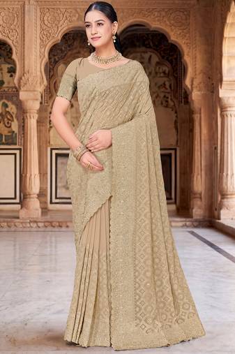 Beige zari embroidered work georgette designer saree for women