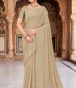 Beige zari embroidered work georgette designer saree for women