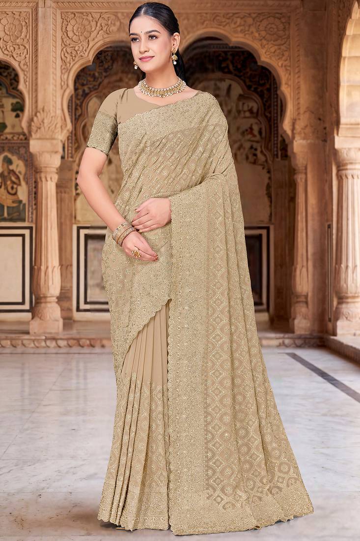 Beige zari embroidered work georgette designer saree for women