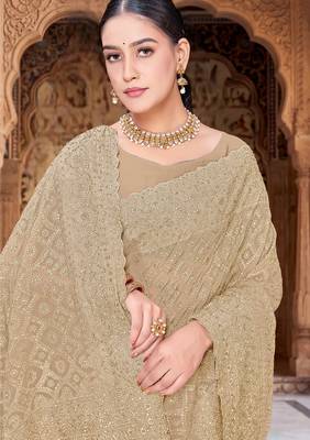 Beige zari embroidered work georgette designer saree for women 2