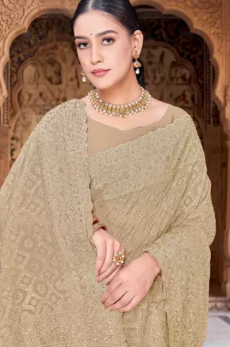 Beige zari embroidered work georgette designer saree for women