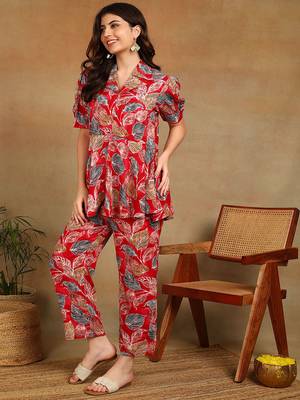 s red leaf printed rayon cotton co-ord set with shirt collar & straight pants 3