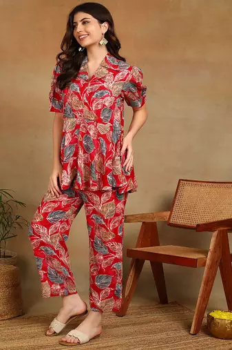 s red leaf printed rayon cotton co-ord set with shirt collar & straight pants