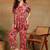 s red leaf printed rayon cotton co-ord set with shirt collar & straight pants