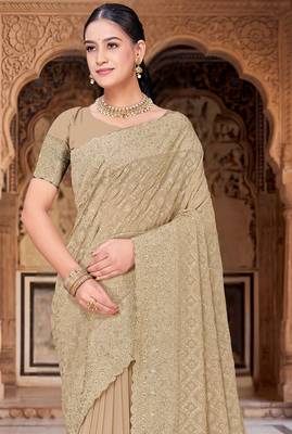 Beige zari embroidered work georgette designer saree for women 3