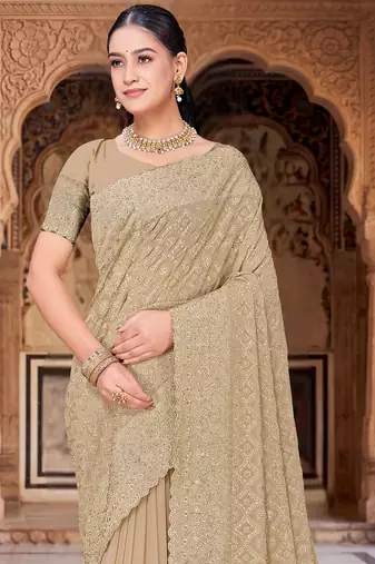 Beige zari embroidered work georgette designer saree for women
