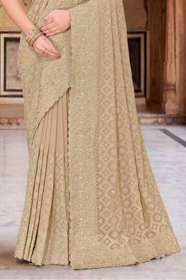 Beige zari embroidered work georgette designer saree for women 4
