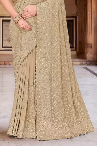 Beige zari embroidered work georgette designer saree for women