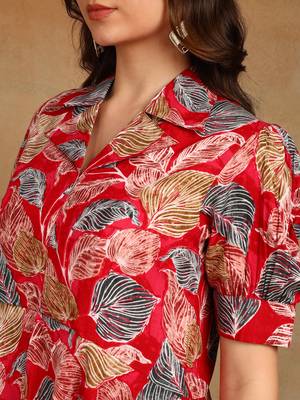 s red leaf printed rayon cotton co-ord set with shirt collar & straight pants 4
