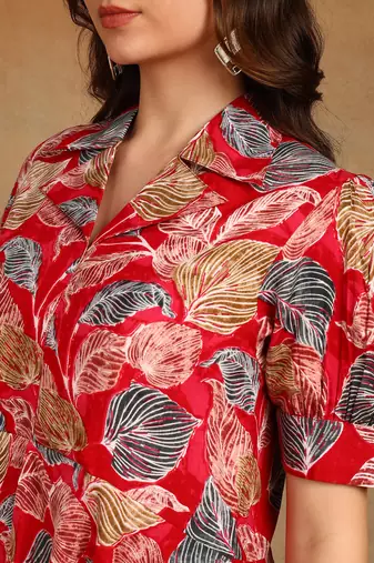 s red leaf printed rayon cotton co-ord set with shirt collar & straight pants