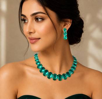 Rama green ad stone rhodium-plated necklace set with earrings 4