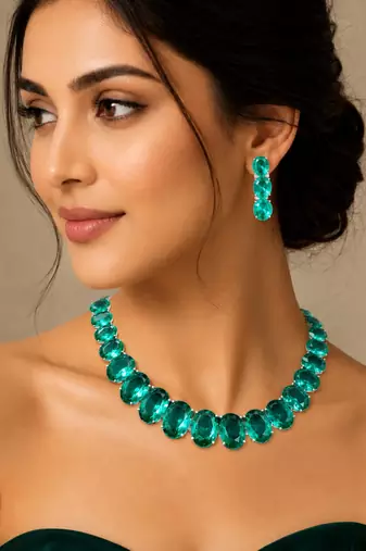 Rama green ad stone rhodium-plated necklace set with earrings