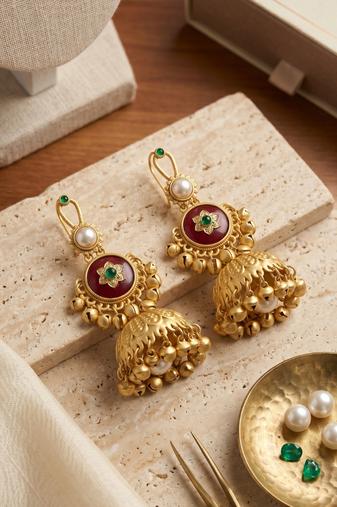  antique gold, ruby pink & emerald green kashmiri long tassel earrings