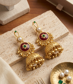 antique gold, ruby pink & emerald green kashmiri long tassel earrings