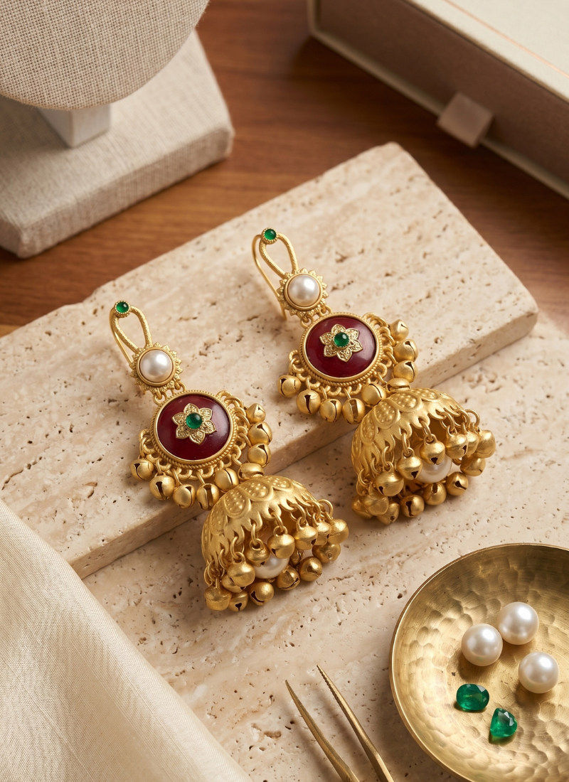  antique gold, ruby pink & emerald green kashmiri long tassel earrings