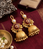  antique gold & emerald green regal jhumka earrings
