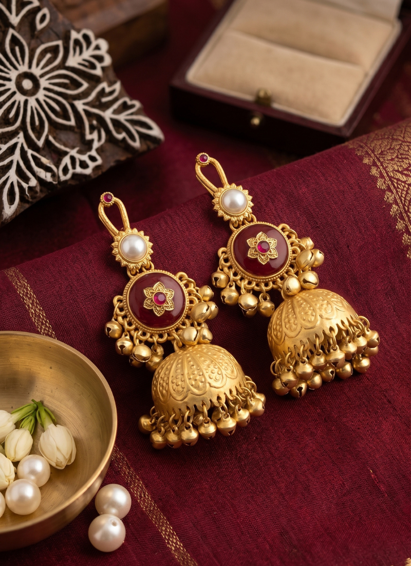  antique gold & emerald green regal jhumka earrings