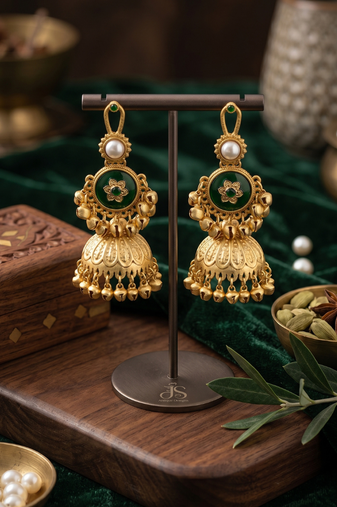 antique gold-plated emerald green jhumka earrings