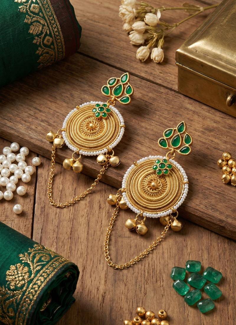 antique gold & emerald green earrings with draping chains