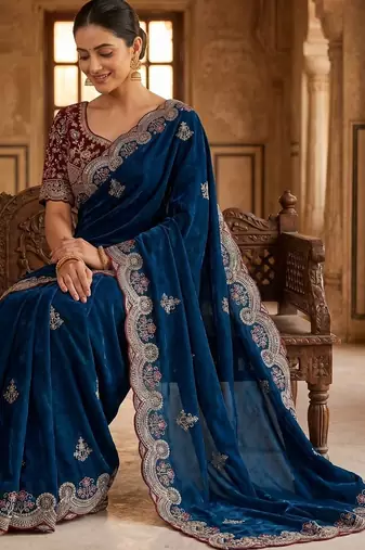 Blue Color embroidery sequence work fendy satin saree