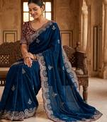Blue Color embroidery sequence work fendy satin saree