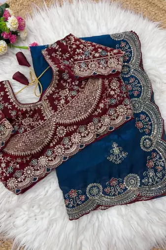 Blue Color embroidery sequence work fendy satin saree