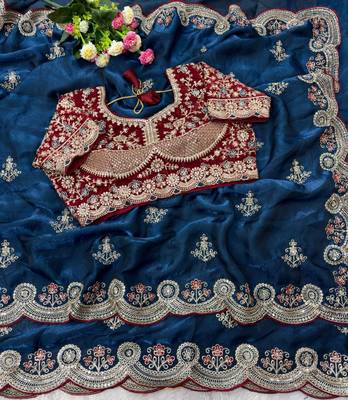 Blue Color embroidery sequence work fendy satin saree 3