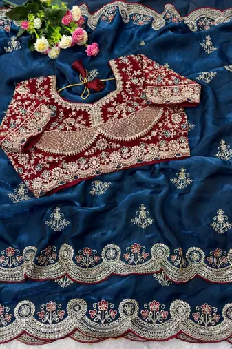 Blue Color embroidery sequence work fendy satin saree