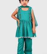 Green lace rayon flared kurta pant with chiffon dupatta set