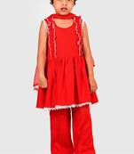 Red lace rayon flared kurta pant with chiffon dupatta set
