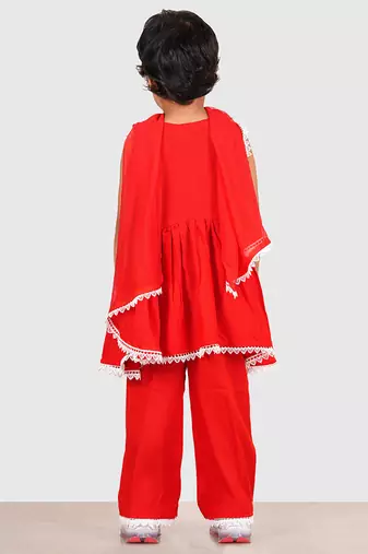 Red lace rayon flared kurta pant with chiffon dupatta set