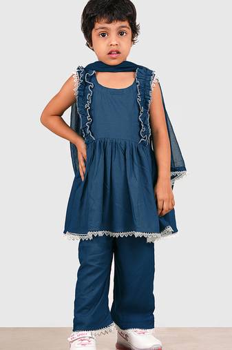 Blue lace rayon flared kurta pant with chiffon dupatta set