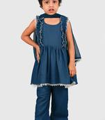 Blue lace rayon flared kurta pant with chiffon dupatta set