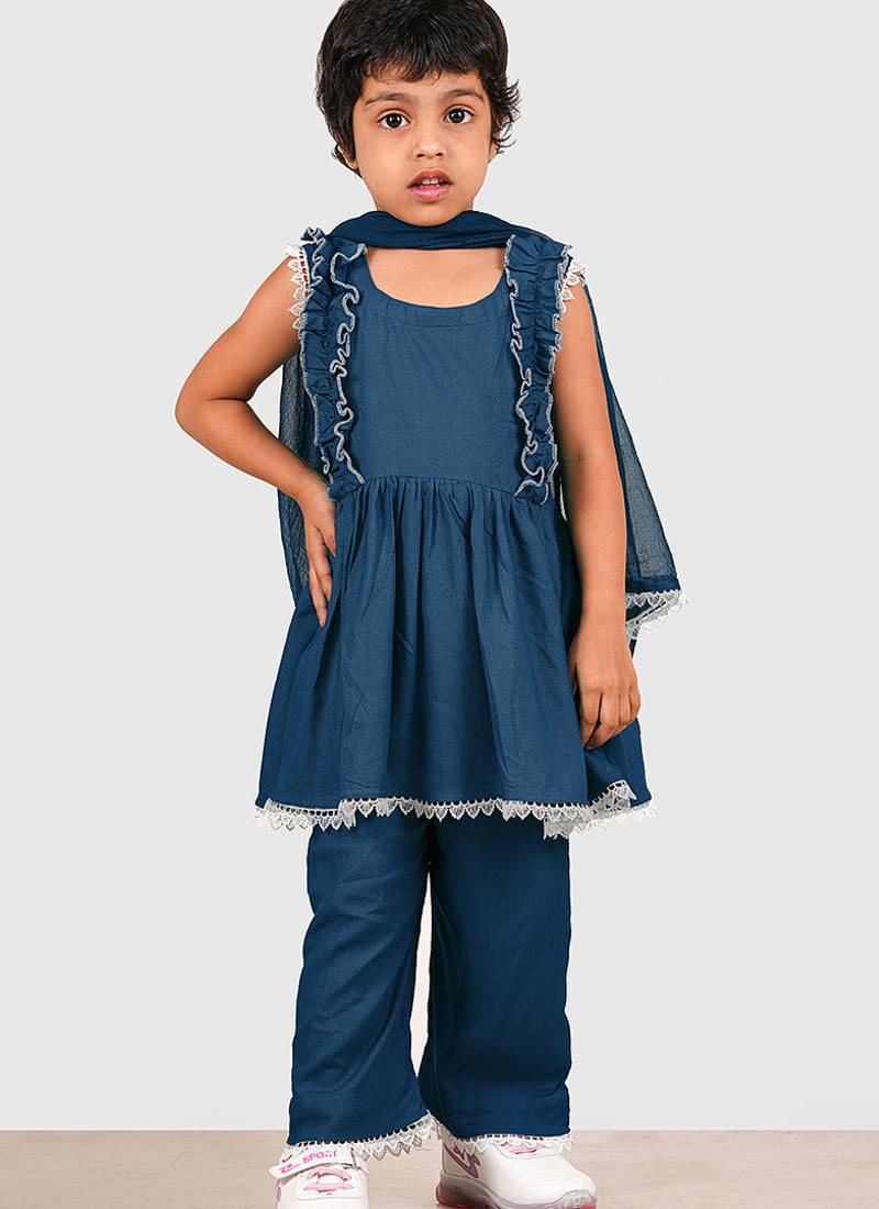 Blue lace rayon flared kurta pant with chiffon dupatta set