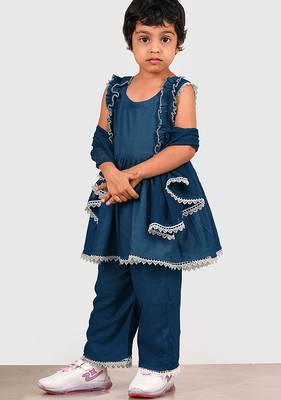 Blue lace rayon flared kurta pant with chiffon dupatta set 2