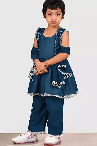 Blue lace rayon flared kurta pant with chiffon dupatta set