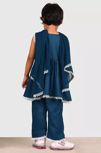 Blue lace rayon flared kurta pant with chiffon dupatta set