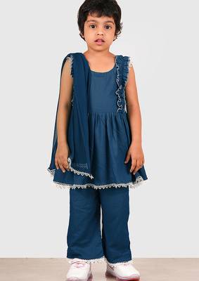 Blue lace rayon flared kurta pant with chiffon dupatta set 4
