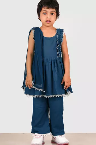 Blue lace rayon flared kurta pant with chiffon dupatta set