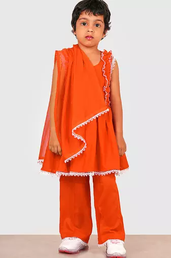 Orange lace rayon flared kurta pant with chiffon dupatta set