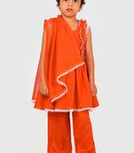 Orange lace rayon flared kurta pant with chiffon dupatta set