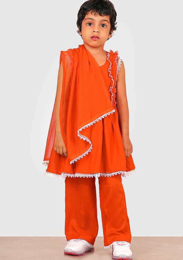 Orange lace rayon flared kurta pant with chiffon dupatta set