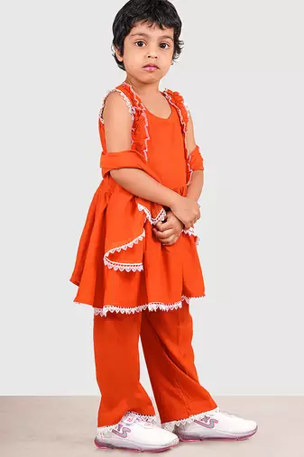 Orange lace rayon flared kurta pant with chiffon dupatta set