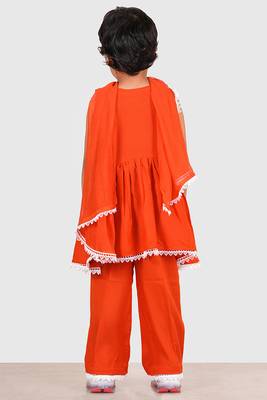 Orange lace rayon flared kurta pant with chiffon dupatta set 3