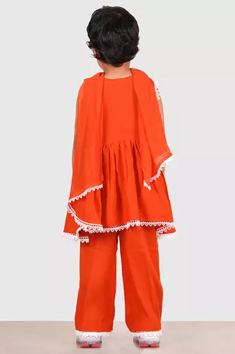 Orange lace rayon flared kurta pant with chiffon dupatta set